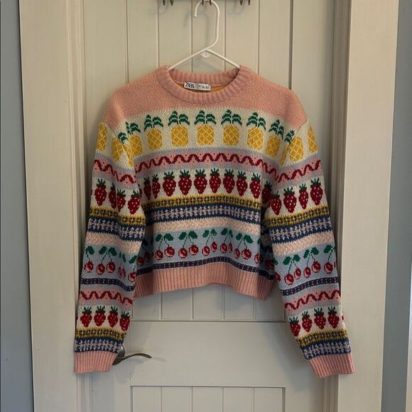 Zara Fruity Fair Isle Style Boxy Cropped Sweater Size Large - Picture 1 of 7